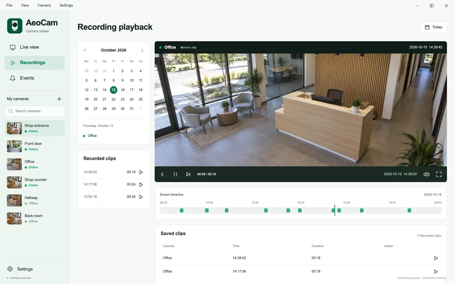 AeoCam local recording and snapshot history interface preview