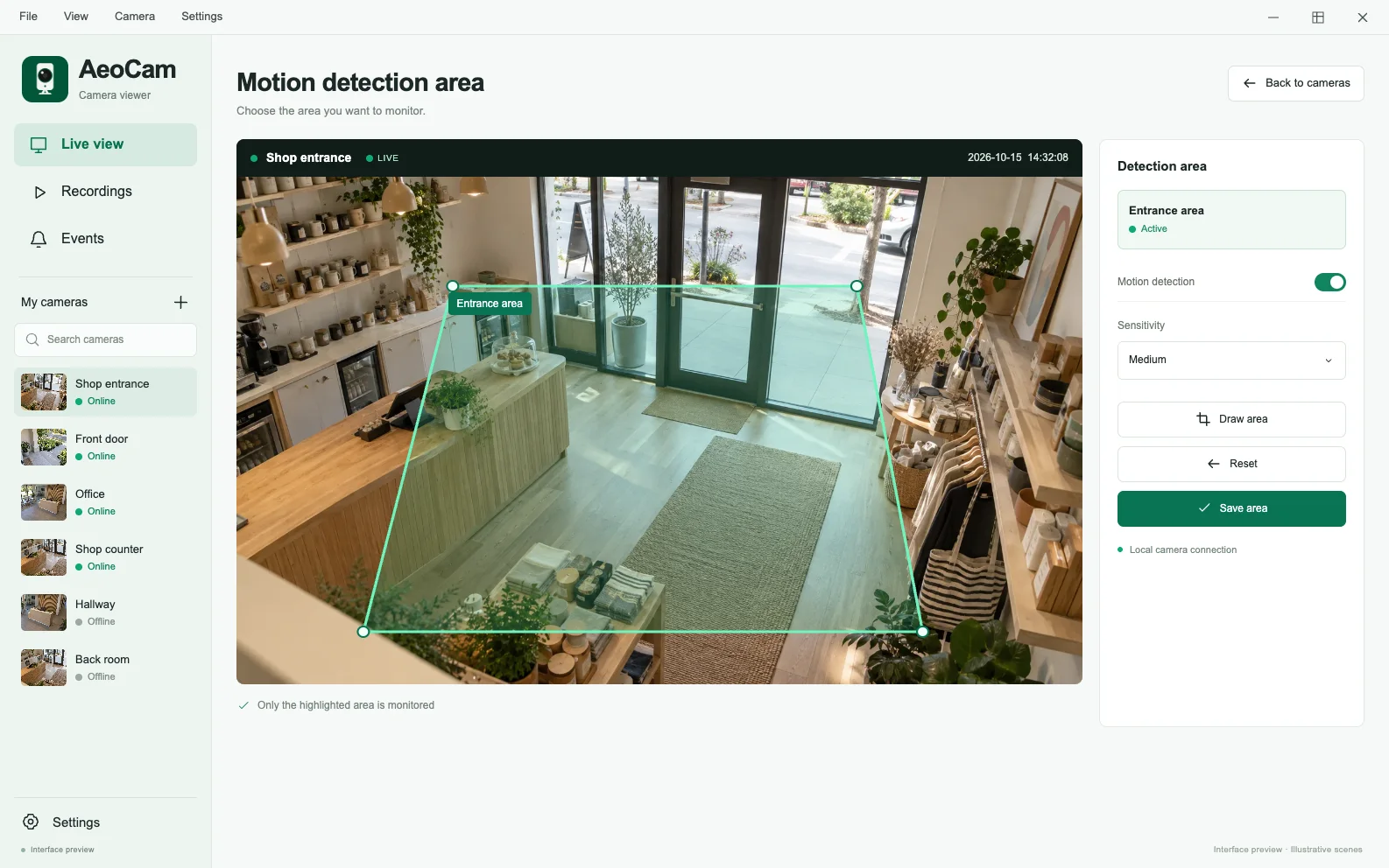 AeoCam motion detection region interface preview showing a selected rectangle