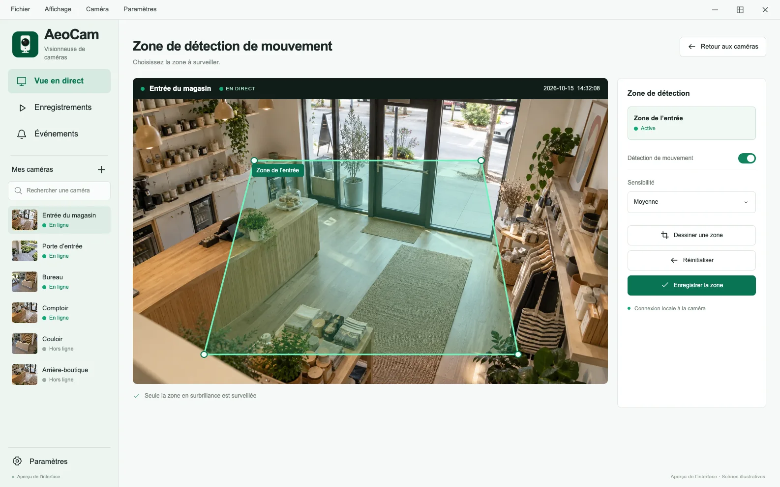 Aperçu des zones de détection de mouvements AeoCam avec un rectangle sélectionné